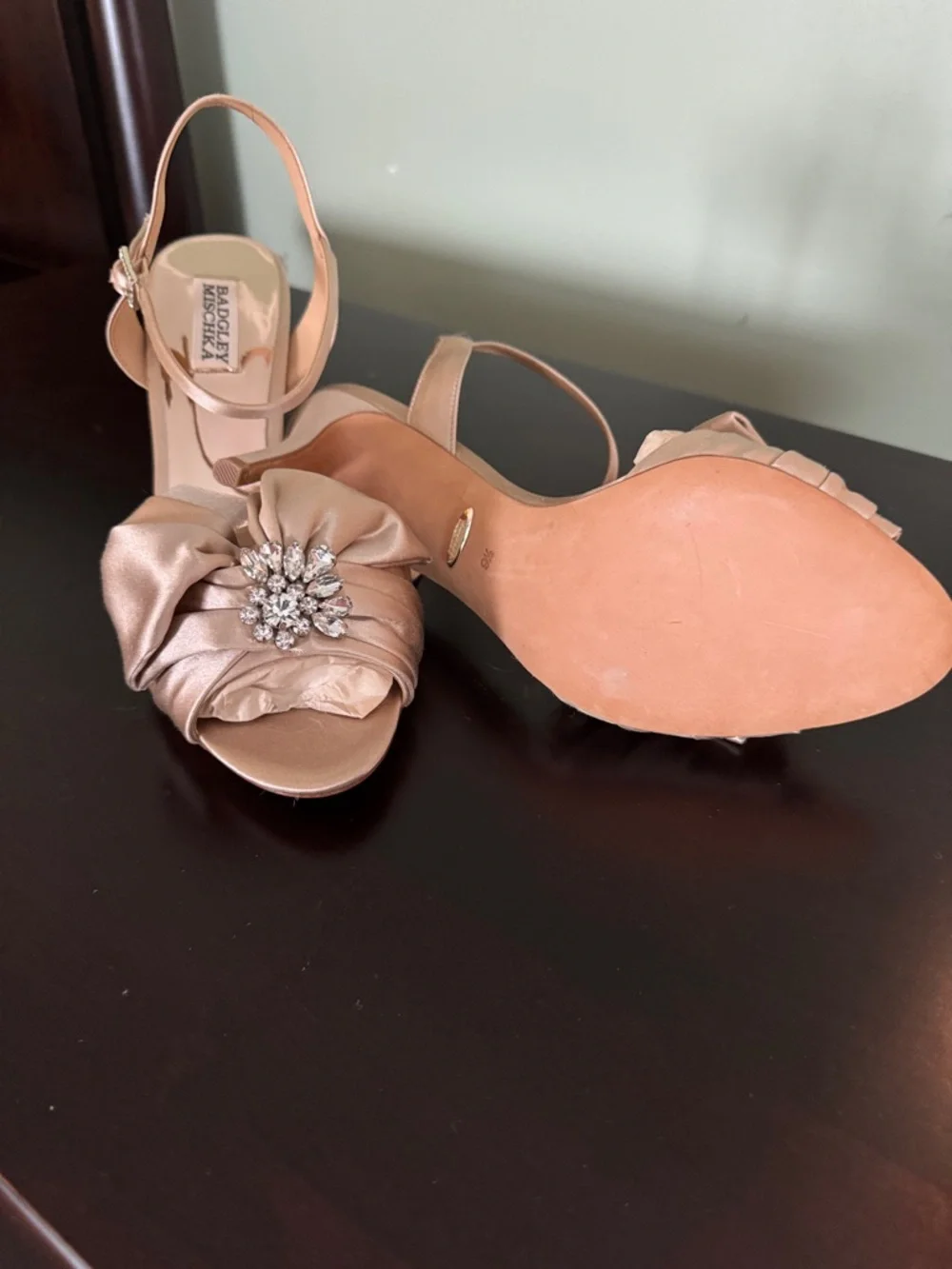 Badgley Mischka Champagne Satin Embellished Evening Heels